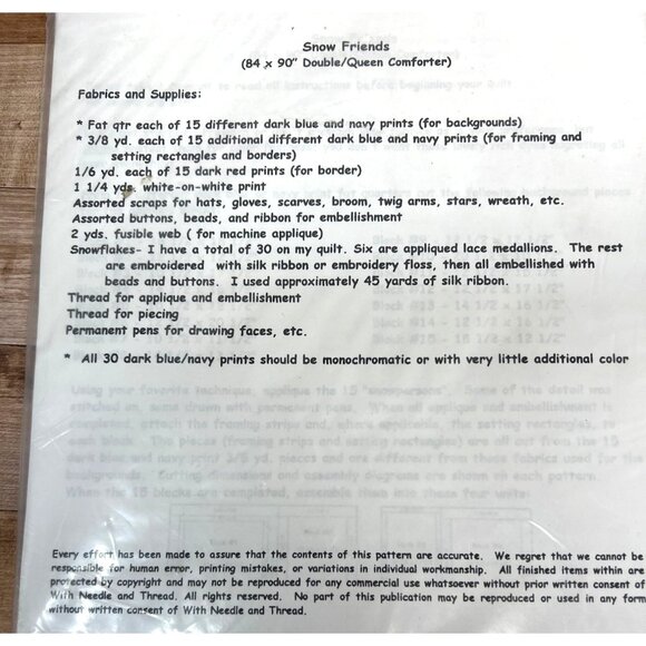 Snow Friends Quilt Pattern P-53 By Nancy H. Barrett With Needle & Thread 84"x90" - Picture 3 of 3